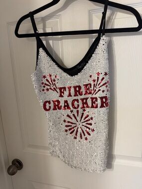Sequin 'Firecracker' Tank Top in White and Red size small